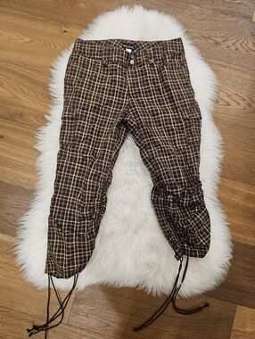Vintage Low Rise Brown Plaid Drawstring Cargo Pants